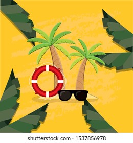 trees palms beach scene with sunglasses vector illustration design