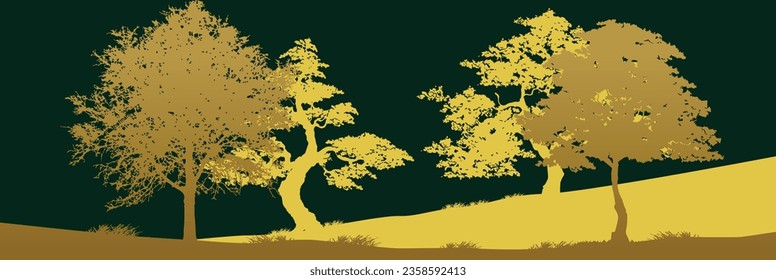 trees, park, alley. Landscape of isolated golden trees in various shade of yellows. Silhouette vector