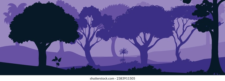 trees, park, alley. Landscape of isolated trees in various shades of purple. Silhouette vector.