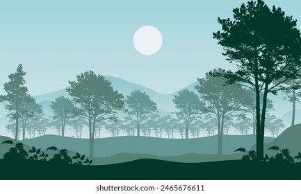 Bäume, Park, Gasse. Landschaft von isolierten grünen Bäumen in verschiedenen Schattierungen. Silhouetten-Vektorgrafik.