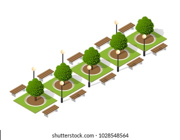 Trees of a park bench urban landscape isometric view of design elements set.