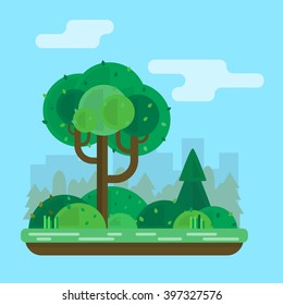 Trees in the park with city on background. Flat style vector illustration.