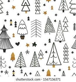 Trees pattern background, Scandinavian hand drawn vector illustration