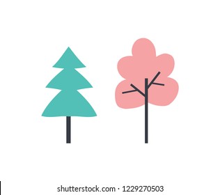 Trees pine with branches ecological natural plants with leaves vector. Garden and wood with timber, fir with needles. Biodiversity of nature and flora