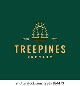 trees pines forest lake sunset sunburst simple line style minimalist logo design vector icon illustration