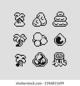 Trees pixel art icons set, palm tree, stump, bush and fir-tree, isolated vector illustration. Game assets. Element design for stickers, web, embroidery, mobile app. 1-bit sprite.