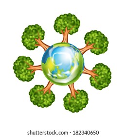 trees and planet earth isolated on white background