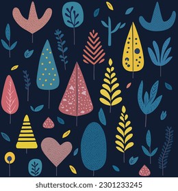 Trees and plants doodle handdrawn pattern. Cute drawn trees background.