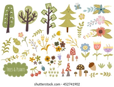 Colección de árboles, plantas y flores. Conjunto de elementos de bosque personalizados. Ilustración del vector