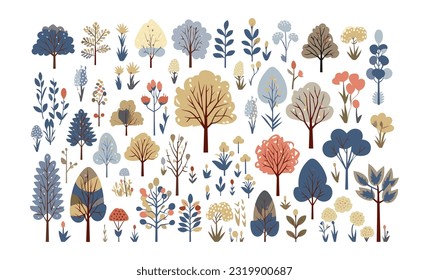 trees, plants and flowers simple flat-style vector illustration white background