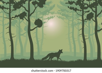 trees plants and fox in green forest landscape scene vector illustration design