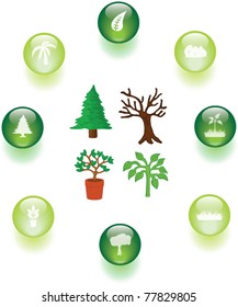 trees and plants illustrations and buttons set