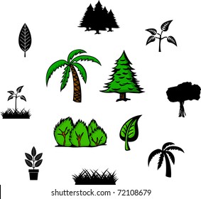trees and plants illustrations and symbols set