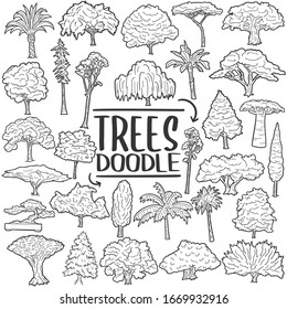 Trees and Plants. Nature Traditional Doodle. Drawn Sketch Hand Made Design Vector.