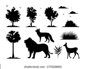 trees & plants silhouettes  with wild animals 