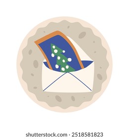 Trees postal stamp cookies isolated on white background. Stylized forest square sticker. Vector hand drawn illustration