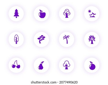 trees purple color vector icons on light round buttons with purple shadow. trees icon set for web, mobile apps, ui design and print