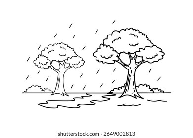 Trees in the rain with puddles nature weather