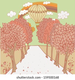 Trees, rainbow and balloon