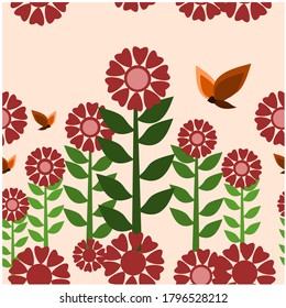 Trees and red flowers lined up with butterflies flying close to the flowers.seamless pattern .