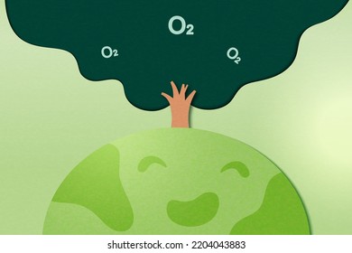 Trees Releasing Oxygen And Absorbing Carbon Dioxide.Ecology And Environment Concept Of Sustainable.Paper Art Illustration.