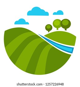 Bäume und Flusswasser und grüner Rasen Vektorgrafik einzeln auf die Szenerie Frühlingsblick mit Wolken am Himmel und Natursee mit Wald Frühling Landschaftspark bei warmer Jahreszeit Jahreszeit Obstgarten.