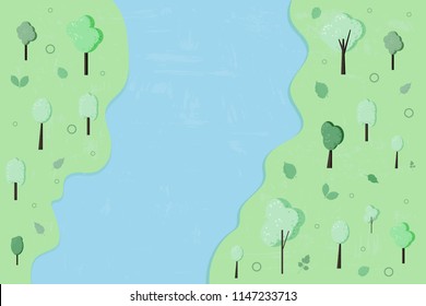 Trees and rivver composition background. Flat green banner with decorations and textured cover design. Template for card, banner, social media network. Vector illustration.