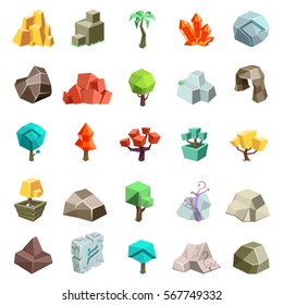 Trees rock stone boulder cave cristal rune cartoon isometric flat style icons set game art environment low poly vector illustration