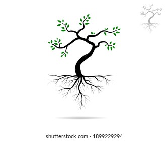 Trees and root with green leaves look beautiful and refreshing. Tree and roots LOGO style.