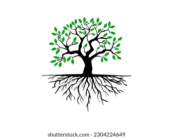 Trees and root with green leaves look beautiful and refreshing. Tree and roots LOGO style.