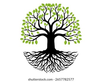 Los árboles y la raíz con hojas verdes se ven hermosos y refrescantes. Árbol y raíces estilo LOGO. Estilo de diseño plano de Ilustración vectorial.