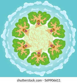 Trees rooted entangles the globe. Funny owl sits in the hollow of an old oak. Clouds float over the grove. Drawing a circle. Children's illustration. Vector.
