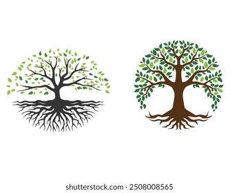 Trees with roots, foliage and fallen leaves isolated on white background. Silhouette of tree, and leaf monochrome illustration.