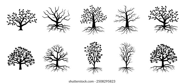 Trees with roots, foliage and fallen leaves isolated on white background. silhouette of tree.