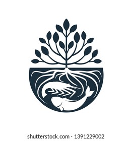 trees with roots inside water with shrimp and fish logo design inspiration