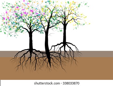 Trees  with roots watercolor design vector illustration