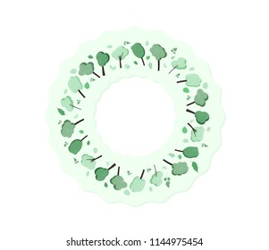 Trees round composition background. Flat green trees and leaves wreath design. Template for card, banner, social media network. Vector illustration.