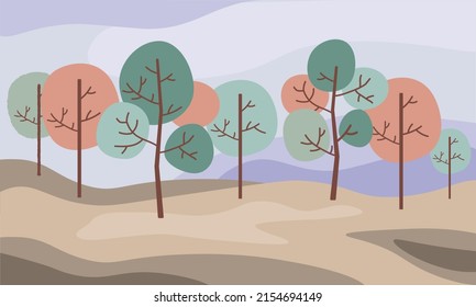 Trees with round crowns landscape in pastel colors