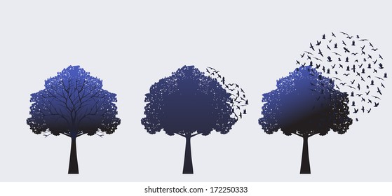Trees in a row with birds (layered) 