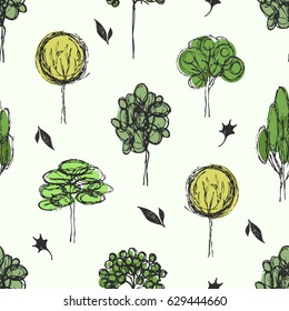 Trees seamless background. Drawing cute pattern with different type of tree. Hand drawn sketch of trees.