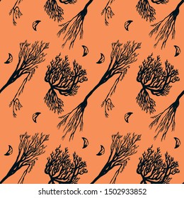 Trees seamless halloween pattern on a orange background. Hand drawn vector illustration.