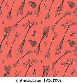 Trees seamless Halloween pattern on a pink background. Hand drawn vector illustration.
