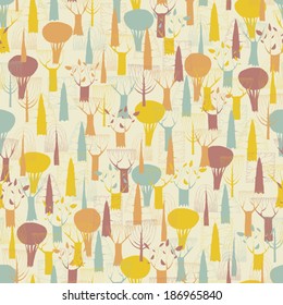 Trees seamless pattern in colors is hand drawn illustration of forest. Illustration is in eps8 vector mode, background on separate layer. 