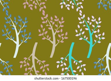 Trees seamless pattern olive green background