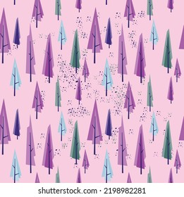 Trees seamless pattern on purple textured background