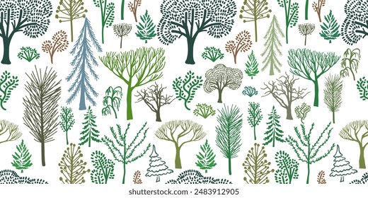 Trees seamless pattern. Simple children's drawings. Forest. Seamless pattern. Hand drawing. Not AI. Vector illustration.