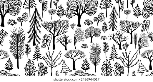 Trees seamless pattern. Simple children's drawings. Forest. Seamless pattern. Hand drawing. Not AI. Vector illustration.