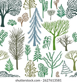 Trees seamless pattern. Simple children's drawings. Forest. Seamless pattern. Hand drawing. Not AI. Vector illustration