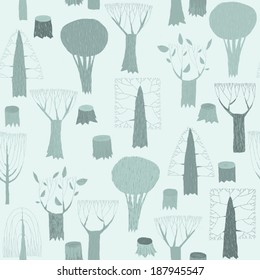 Trees seamless pattern tapestry in blue is hand drawn grunge illustration of woodland. Illustration is in eps8 vector mode, background on separate layer. 
