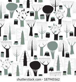 Trees seamless pattern tapestry in grey is hand drawn grunge illustration of woodland. Illustration is in eps8 vector mode, background on separate layer. 